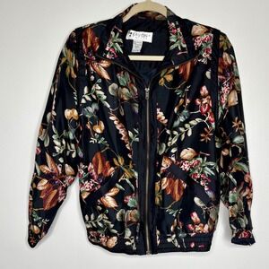Vintage 90s Lavon 100% Silk Black Floral Zip Up Bomber Jacket Size SP